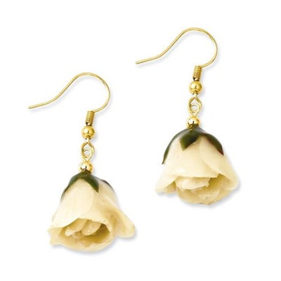Lacquered White Real Rose Dangle Earrings