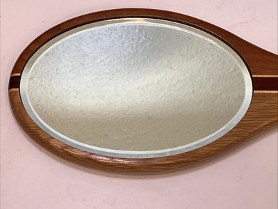 Vintage Handcrafted Solid Wooden Frame Oval Handheld Mirror Beveled Edge PO