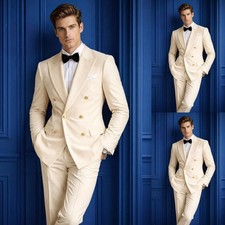 Double Breasted Men's 2Pcs Suits Ivory Wedding Grooms Coat Peak Lapel Jacket