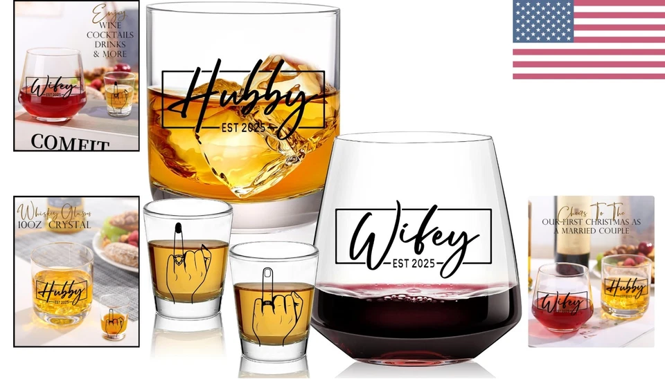Элегантный набор бокалов для вина и виски Hubby & Wifey — идеальный подарок для свадебного душа - Изображение 2 из 4