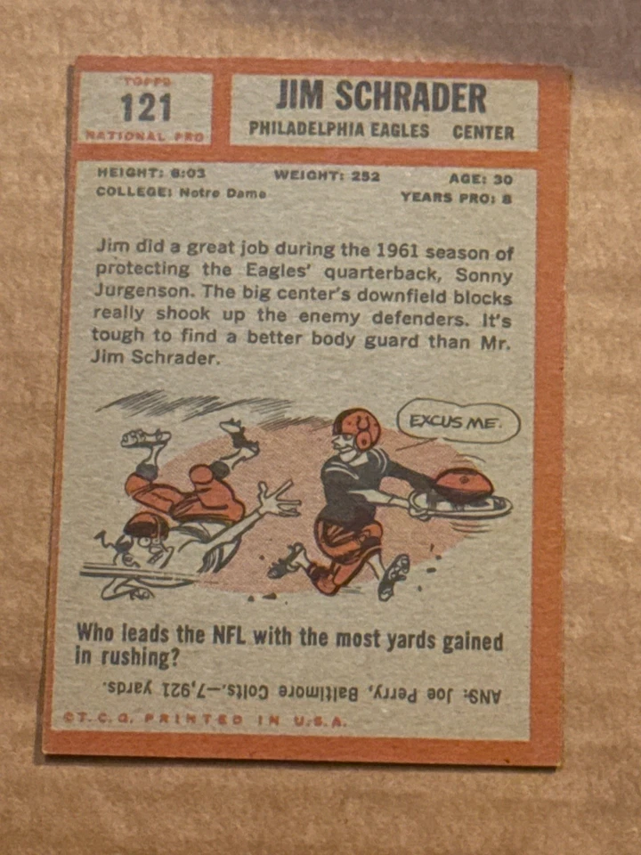 1962 TOPPS FOOTBALL #121 JIM SCHRADER * SHORT PRINT  * EAGLES - Image 2 of 2