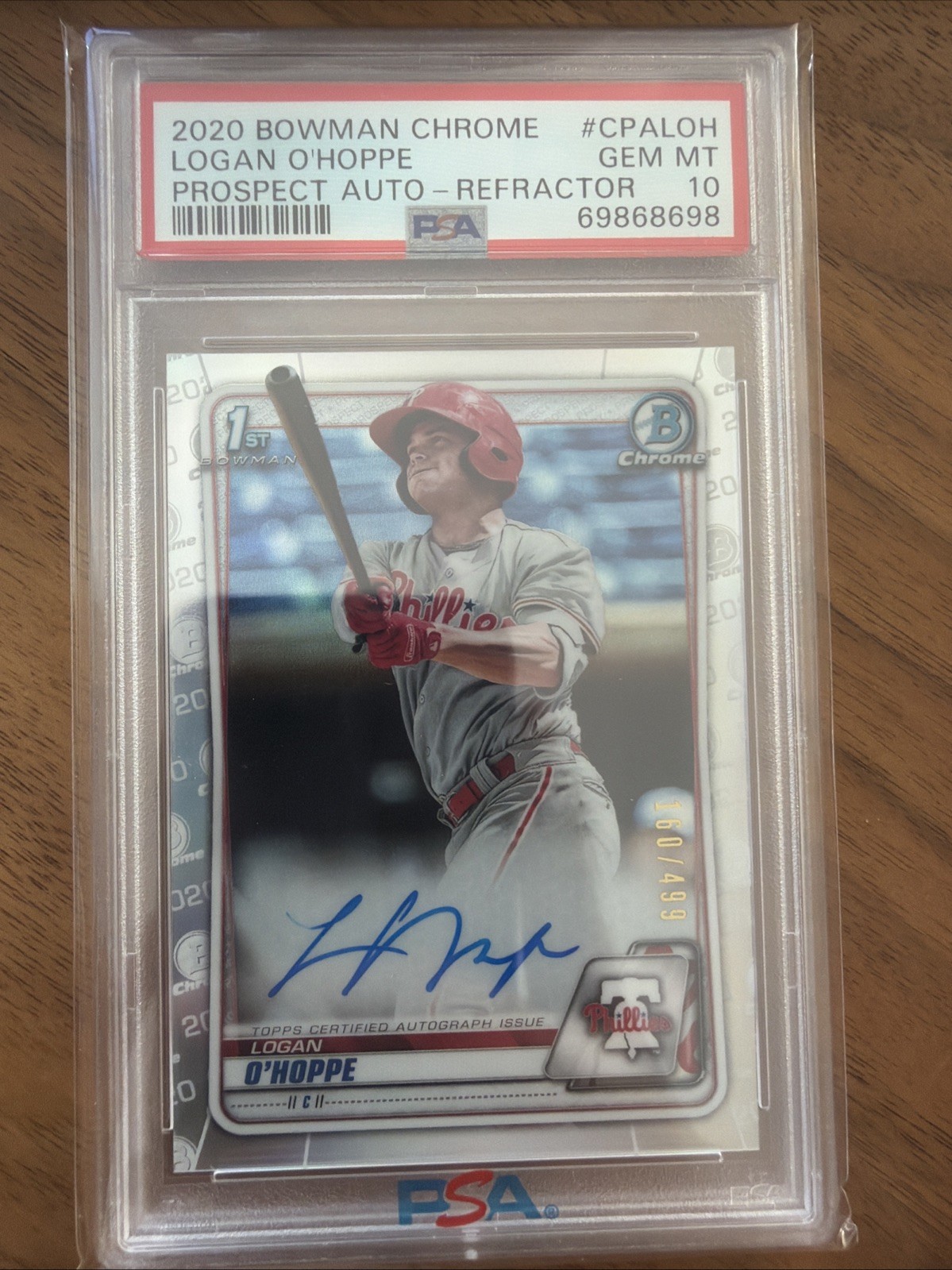 2020 BOWMAN CHROME PROSPECT AUTO REFRACTOR 1ST LOGAN O'HOPPE #/499 PSA 10 Rookie