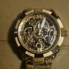 Gold Tone Skeleton Dial Analog Wristwatch Rom...