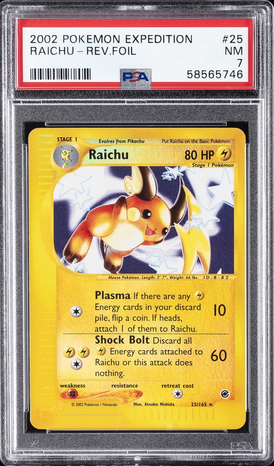 2002 POKEMON EXPEDITION #25 RAICHU-REVERSE FOIL PSA 7