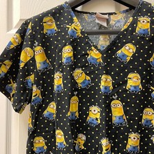 Despicable Me Women's Sz L Uniform Scrub Top Black, Blue and Yellow V Neck