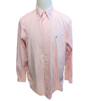 Chemise Ralph Lauren Classic Fit L/XL rose rayures logo bleu coton - Photo 1/4