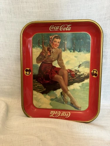 Vintage 1941 Coca Cola Coke Ice Skater Scene Metal Serving Tray