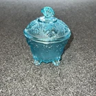 VTG 1950s Jeanette Glass Footed Pressed Covered Blue Candy Dish Grape Leaf MCM