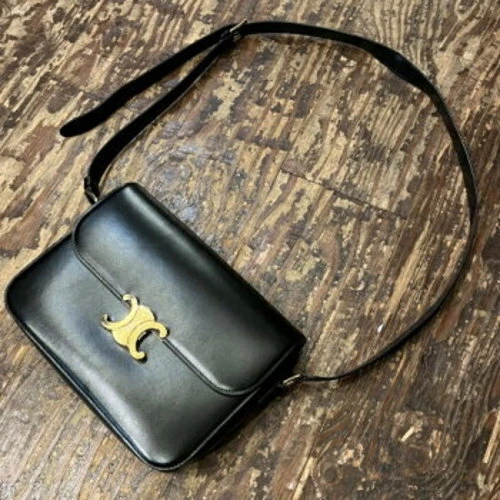 Auth CELINE Triomphe Medium - Black gold Shiny Calfskin Shoulder Bag from japan - Picture 1 of 10