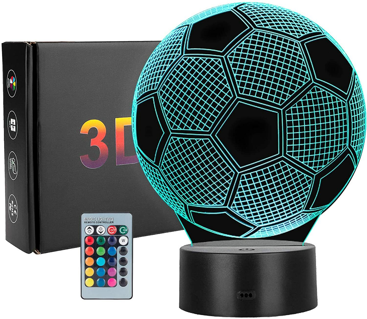 Lampe veilleuse LED 3D football anti-peur du noir avec télécommande enfant