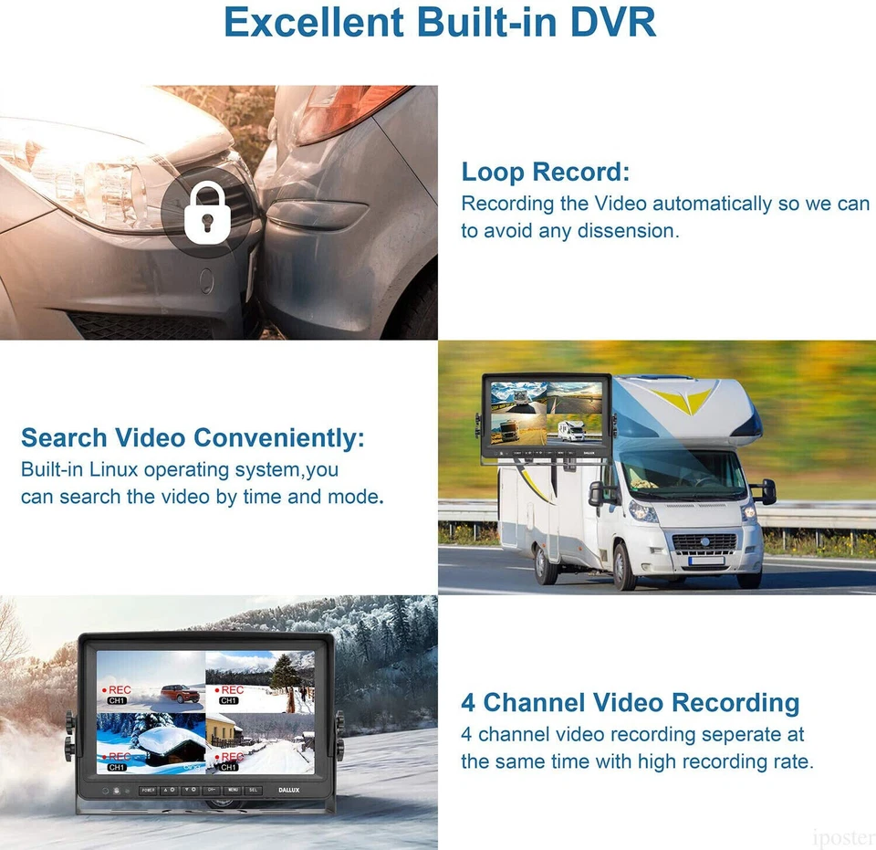 9" Quad Monitor DVR Recorder 4x Side Rear View Backup Camera For Truck Caravan - Image 3 of 4