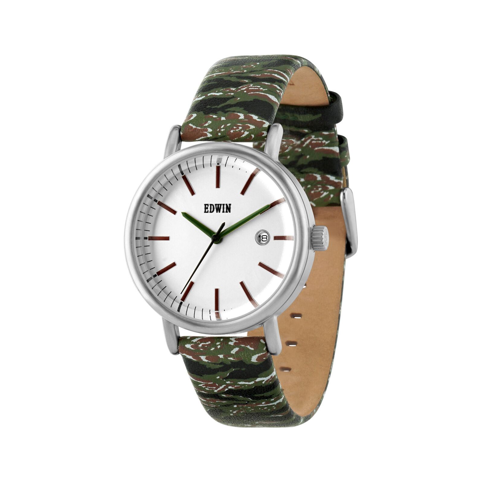 Edwin TIGER CAMO Women's 3 Hand-Date Watch,Stainless Steel Case,Leather Band