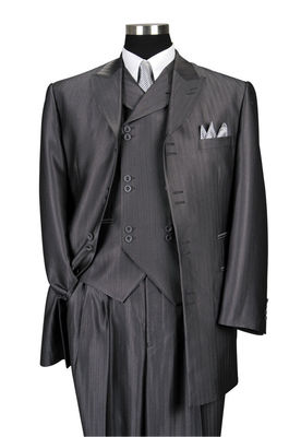 Men's 3 Piece Gray Luxurious Wool Feel suit Herring Bone Stripe 35'' Jacket -5264