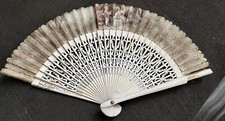 Antique Hand Painted Fan Folded Pattern Man Proposing To Lady Pierced Ivory Wood
