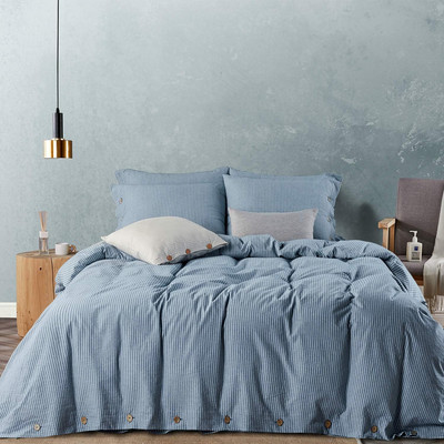 Pinstriped 100% Washed Cotton Linen like Duvet Cover Set, 3 Pieces Soft Bedding 