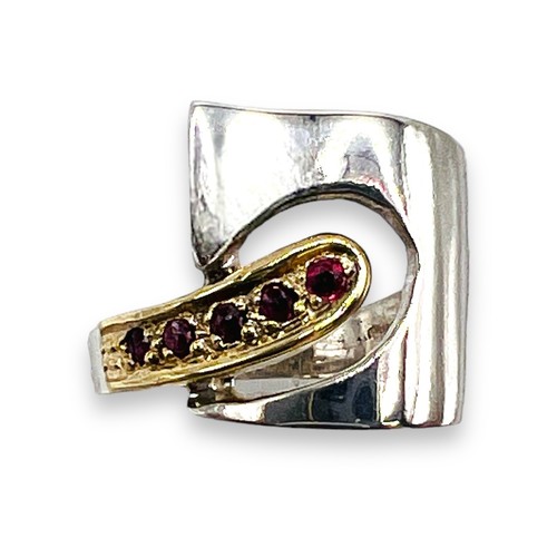 Natural Pink Red Ruby Modernist Sterling Silver Gold Accent Ring 5.75 -5902 - Picture 8 of 8