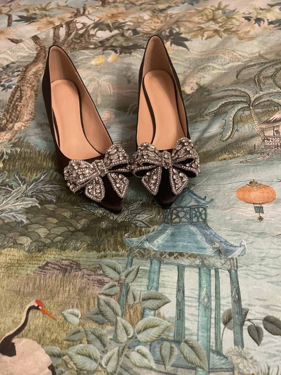 Black Satin Inch Heel Big Rhinestone 3-D Bow Heels 37 UK