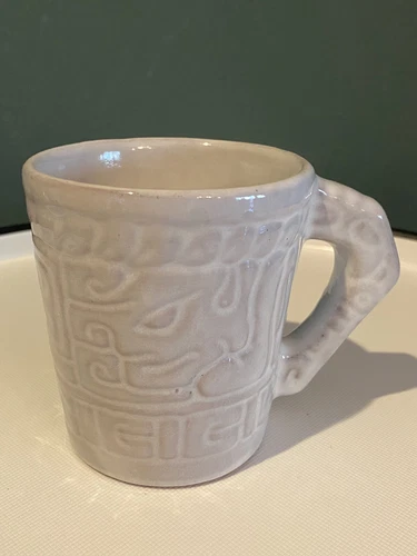 Vintage Mid Century Frankoma Terra Cotta White Glazed Aztec Mayan Coffee Mug