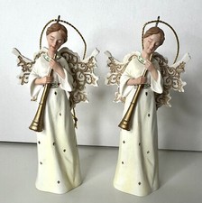 Trumpeting Angel Horn Resin Ornaments Gold Lace Wings Lot Of 2 Vintage 4” NEW