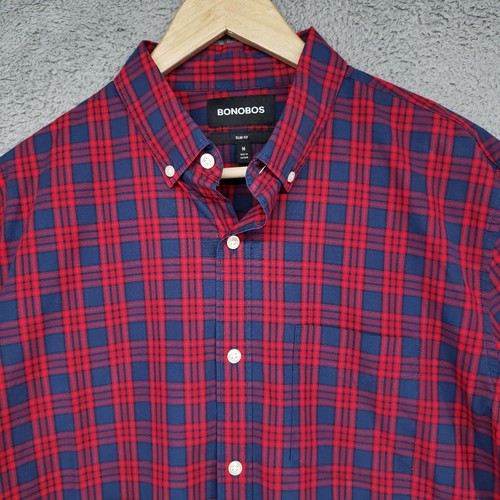Bonobos Mens M Button Down Shirt Blue Red Plaid Long Sleeve Slim Fit - Picture 2 of 19