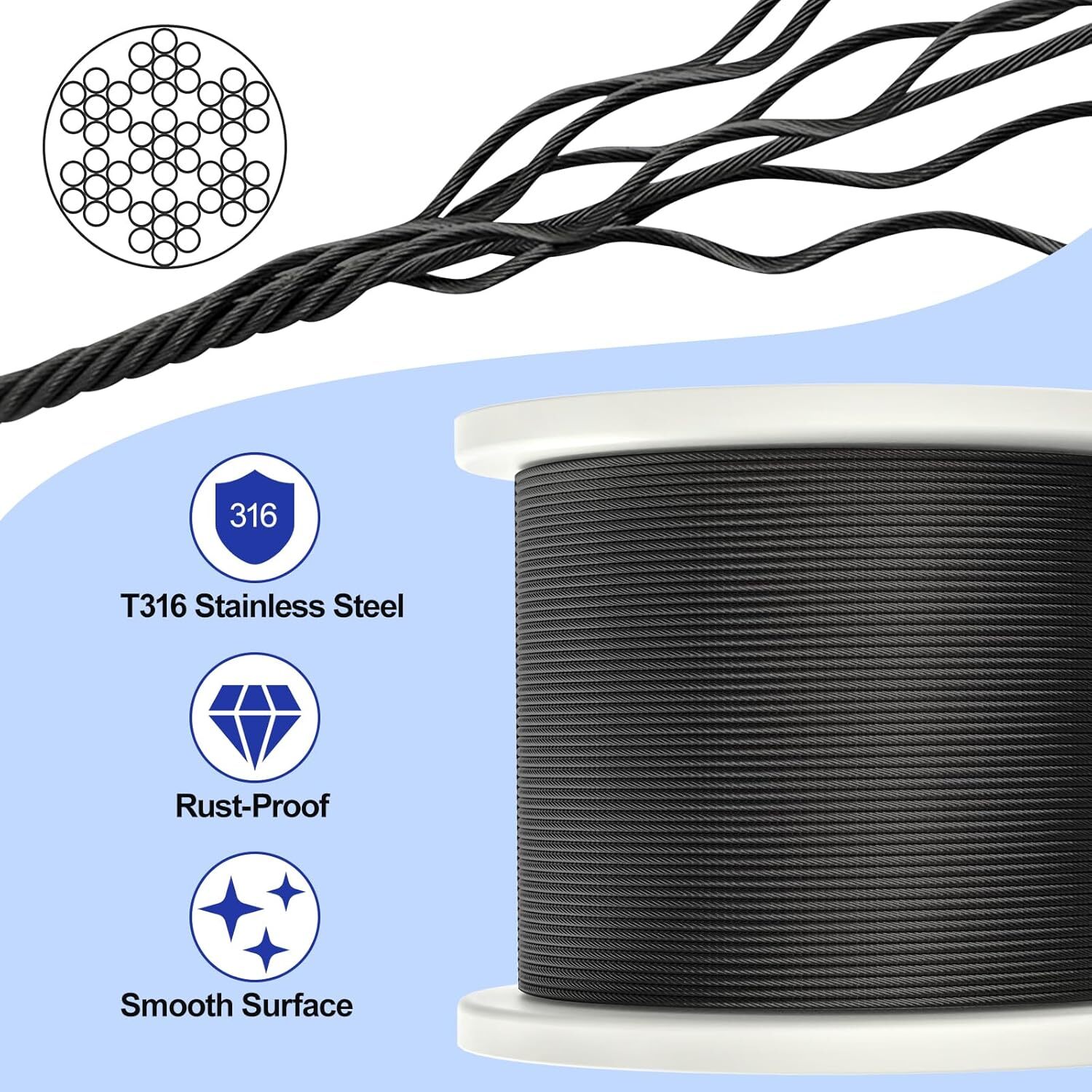 1000FT 1/8" Black Deck Railing Cable T316 Stainless Steel Cable with 7x7 Strands