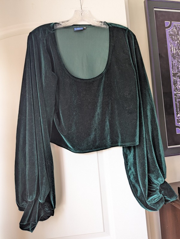 2X Elhoffer Top Womens Tabitha Emerald Blouse Velvet Bishop Sleeve Scoop Crop