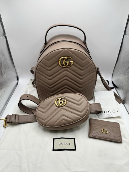 Gucci GG Marmont Matelasse Backpack Belt Bag Card Holder Pink Matching Set