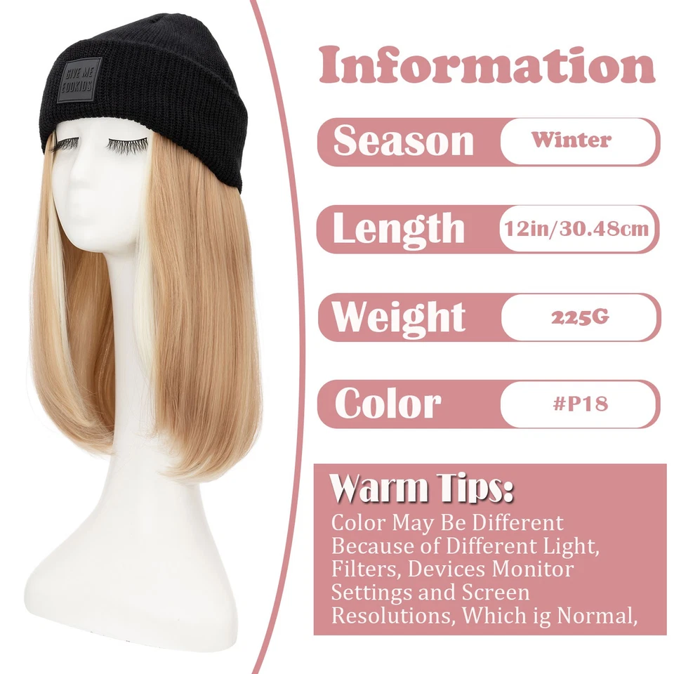 18in Beanie Hat Wig with Hair Attached Long Wavy Black Winter Knitted Hat Warm M - Image 4 of 4