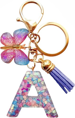 Portachiavi ORUZA Con Iniziale Alfabeto – Viola, Con Farfalla E Nappa, In Resina, Per Donna