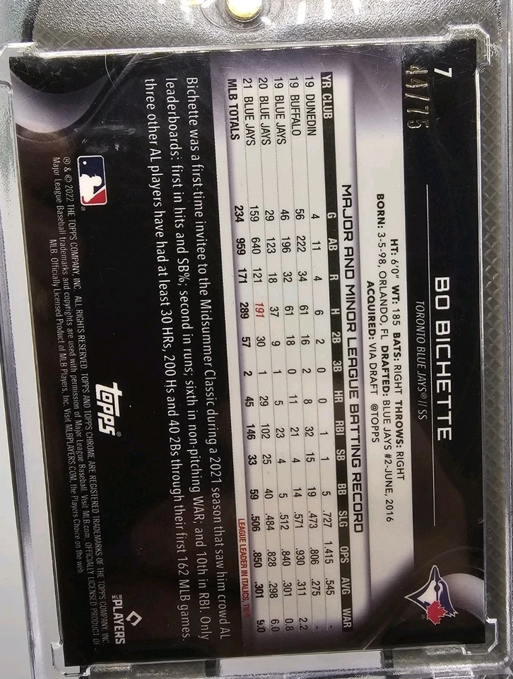 2022 Topps Chrome Black Bo Bichette Blue Refractor /75 Toronto Blue Jays - Image 2 of 2