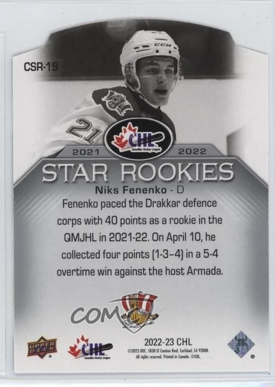 2022-23 Upper Deck CHL 2021-22 CHL Star Rookies Niks Fenenko #CSR-19 - Image 2 of 2