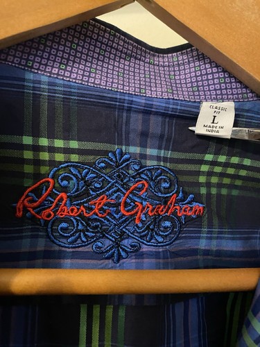 Robert Graham Button Down Shirt Men's Size Large L Flip Cuff Embroidered Plaid - Picture 12 of 23