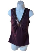 Cache Plum Sequin V Neck Sleeveless Dressy Fitted Top Large