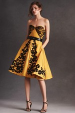 Oscar de la Renta Silk Floral Dress Saffron Yellow Crystal Black Strapless 10 L