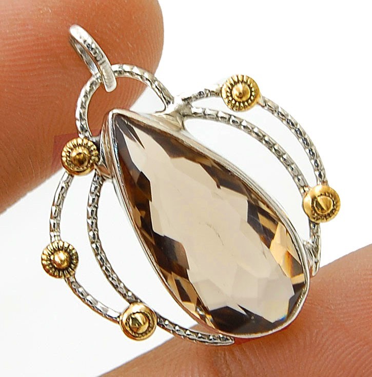 Two Tone 5CT Natural Smoky Topaz 925 Sterling Silver Pendant Jewelry @17-3
