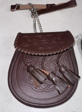 Scottish Celtic Embossed Sporran Brown Leather Kilt Sporran with chain Strap