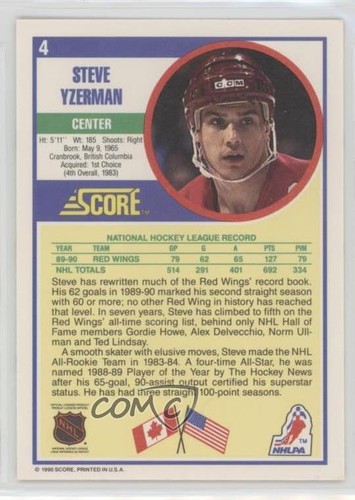 1990-91 Score 100 Hottest Players and Rising Stars Steve Yzerman #4 HOF 0q3 - Picture 2 of 3