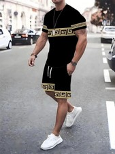 Men 2-Piece Set Summer Outfit Short Sleeve Sweatshirt T Shirts and Shorts Suits