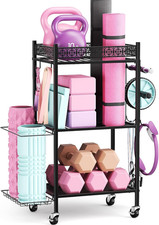 Home Gym Storage Rack 3-Tier Steel Yoga Mat Dumbbell Organizer with Lockable