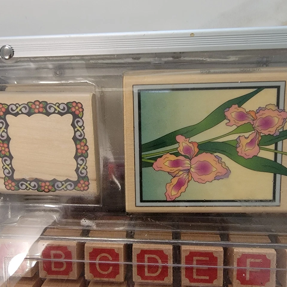 Kit of 78 Wood Block Stamps, Ink Pads, Pens with Clear Acrylic Carrying Case EUC - Image 3 of 4