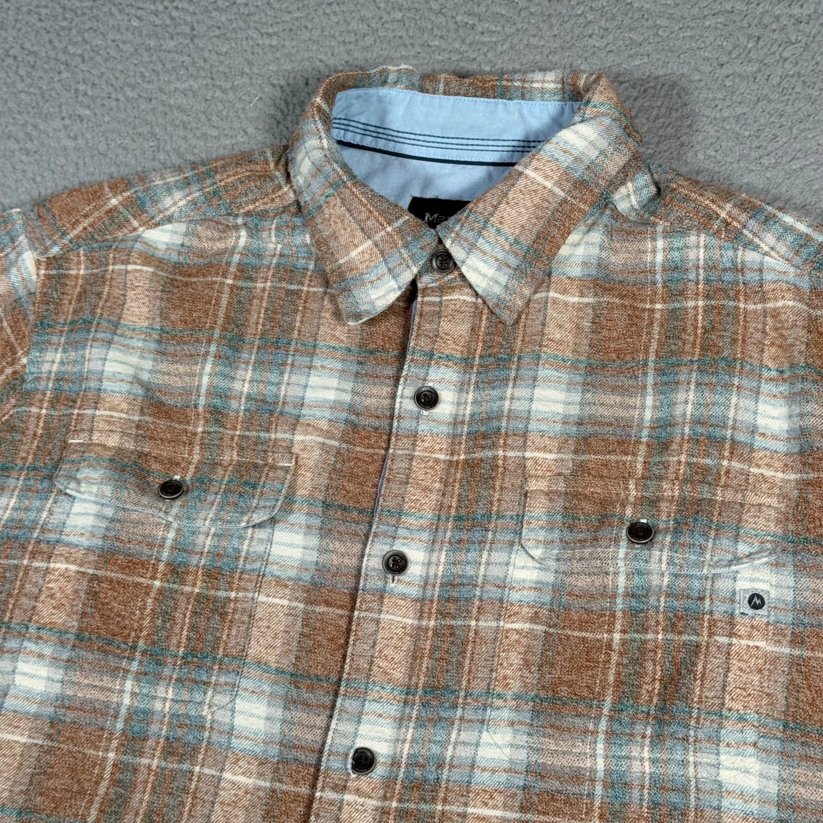 Marmot Shirt Mens Large Brown Tan Plaid Button Up Flannel Outdoor Hiking Pockets
