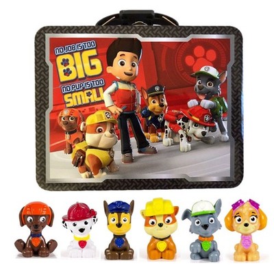 PAW PATROL 6 Mini Figures Play Set + Tin Metal Lunch Box Carry All Gift Bag New