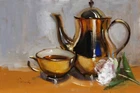 GOLD JUG and pink flower   COLLECTIBLE ART impressionism UKRAINE 8X12 DEMENKO