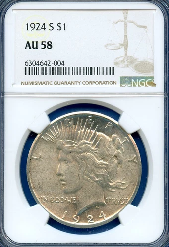 1924 S NGC AU 58 Peace Silver Dollar $1 US Mint Better Date Coin 1924-S AU-58 