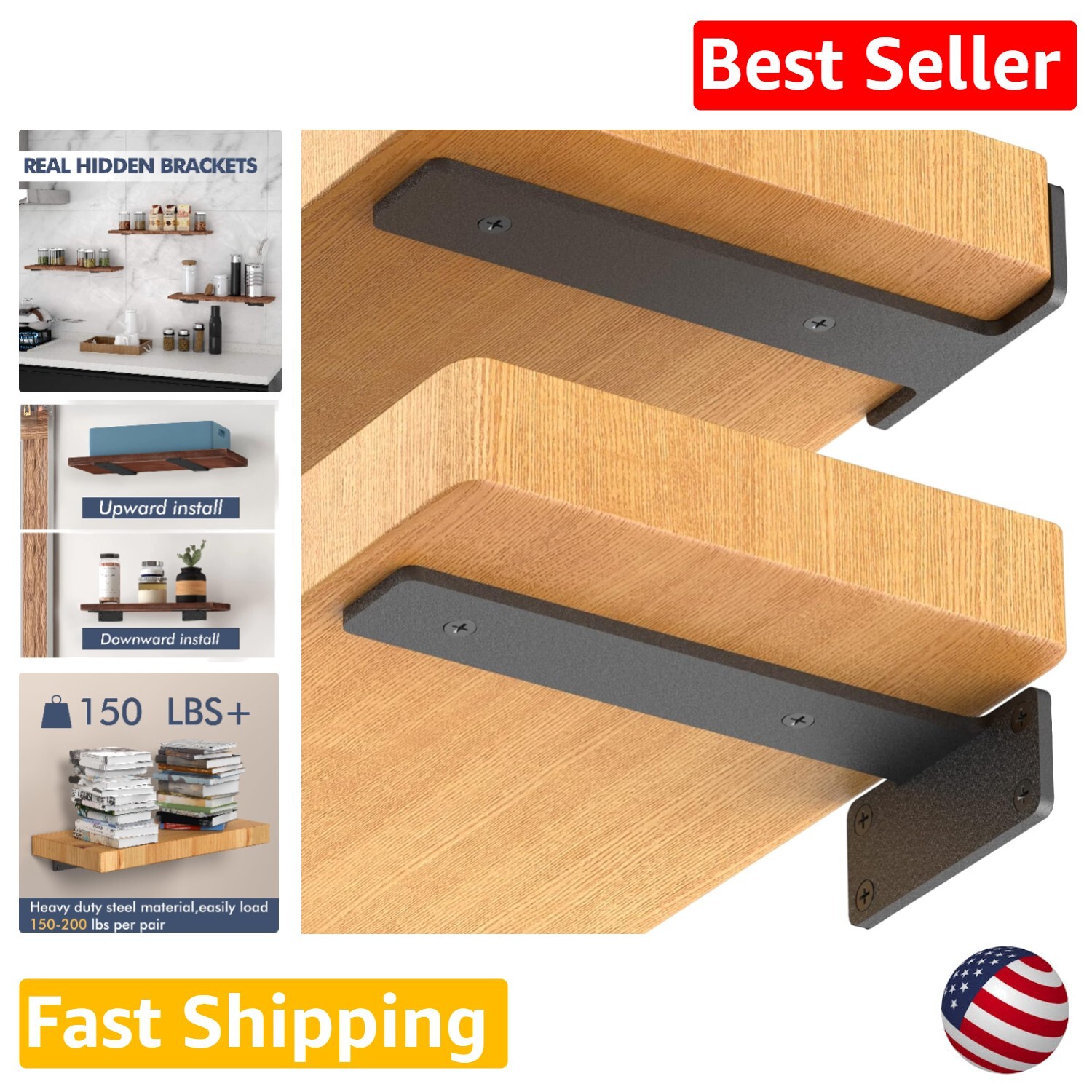 Black Metal 12-Inch Industrial Shelf Brackets - Set of 6 - Easy Install