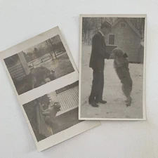 Antique RPPC Real Photograph Postcard Pair (2) Bearded Collie Dog Dancing W/ Man