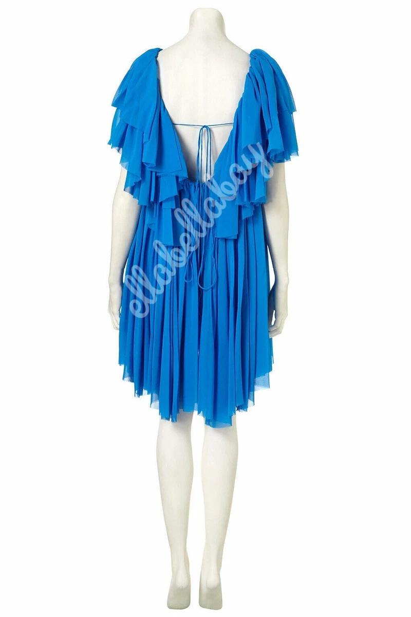 TOPSHOP UNIQUE Archive Blue Silk Gwenevere Loose Waterfall Ruffle Dress UK10 12