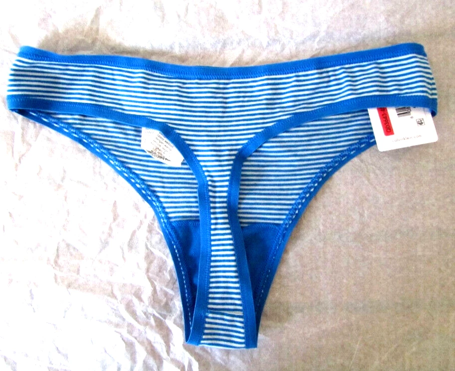 NWT Calvin Klein Style# QD3643 Size XS Cotton Blend Thong Panty Blue Stripe! - Image 2 of 3