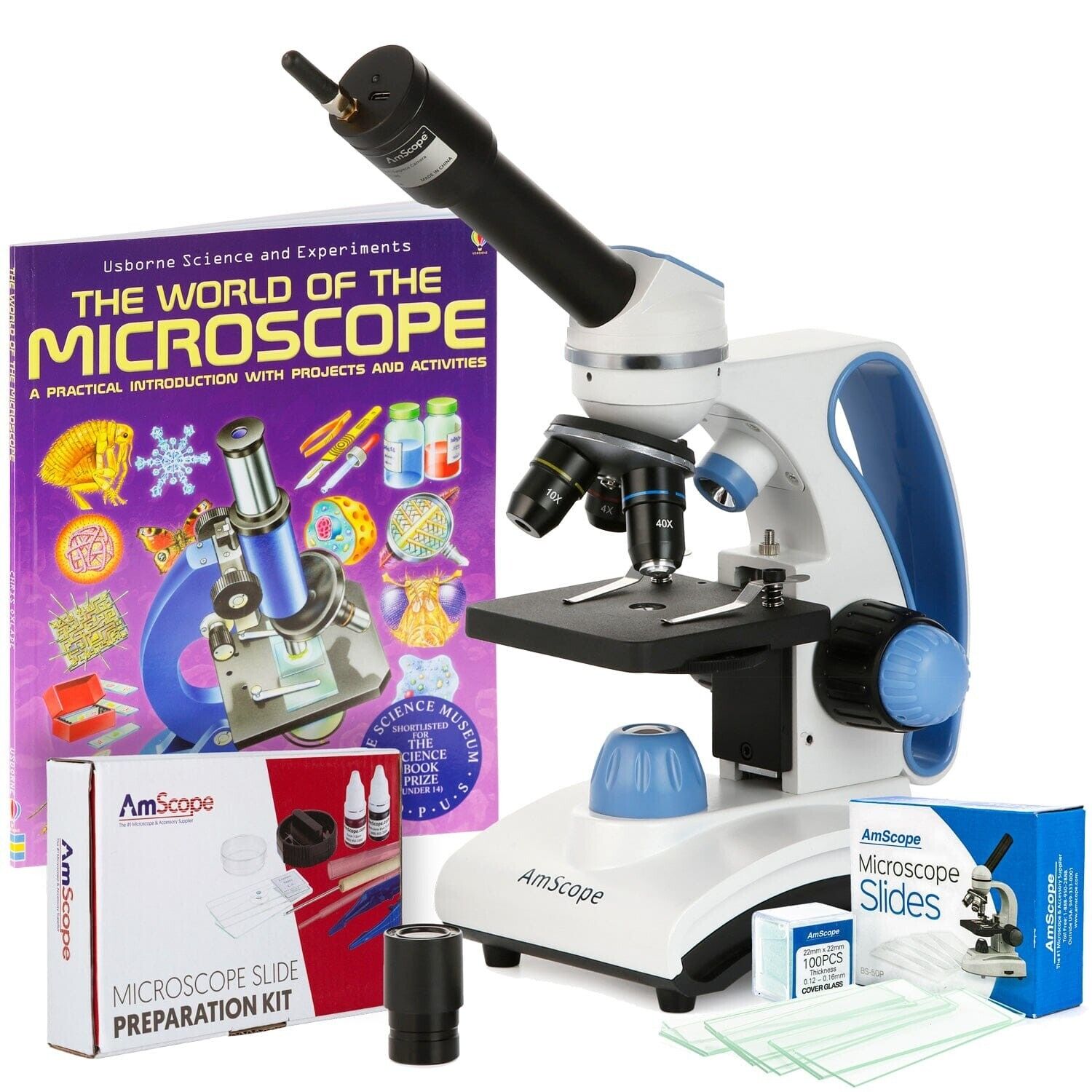 AmScope 40X-1000X Portable Student Microscope XL Kit+Wi-Fi 2.0MP Eyepiece Camera