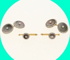 Antique Abalone Pearl Tuxedo Cufflink Stud 4 PC Set 14K Multi Tone Gold